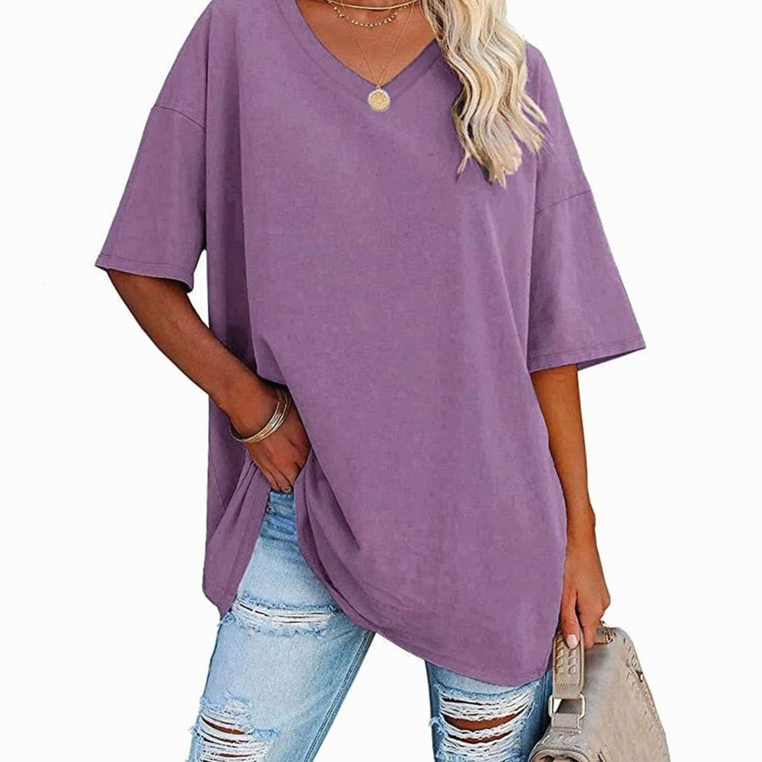 Women's Oversized V-Neck Half-Sleeve Casual T-Shirt - Purple