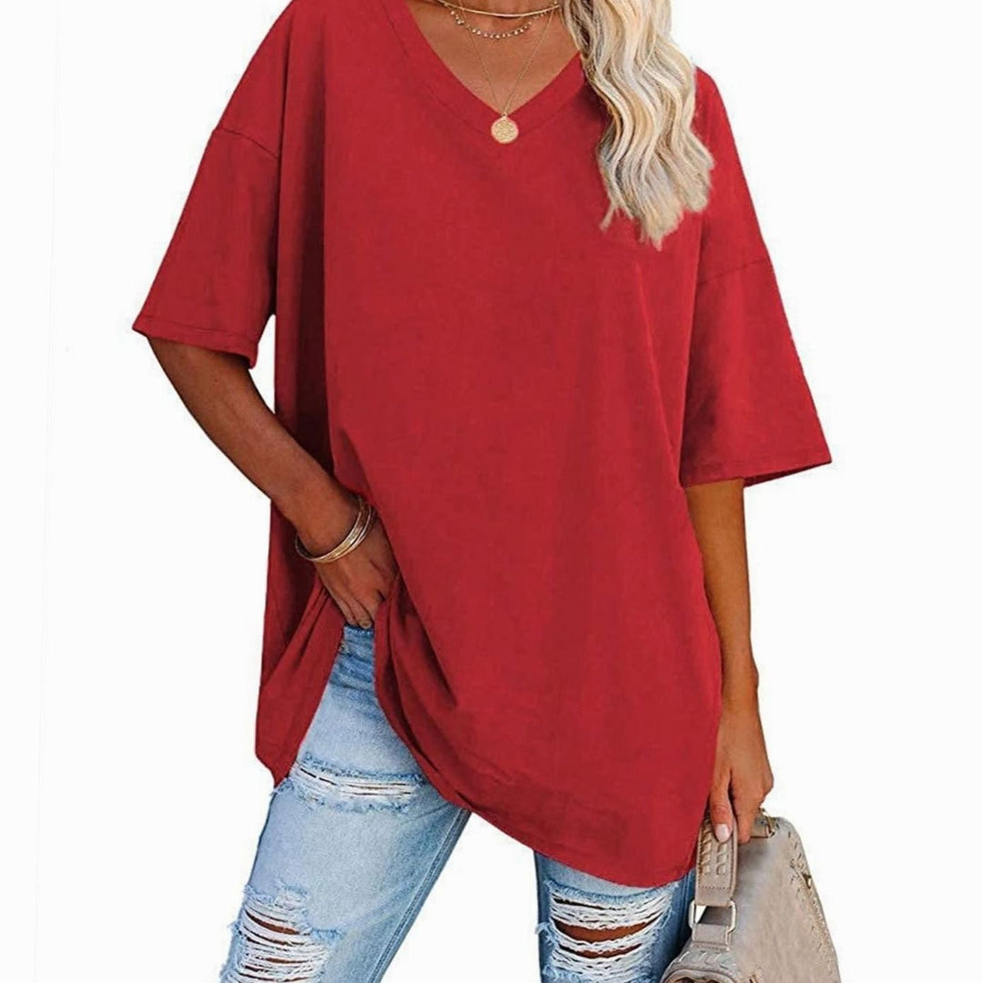 Women's Oversized V-Neck Half-Sleeve Casual T-Shirt - Red
