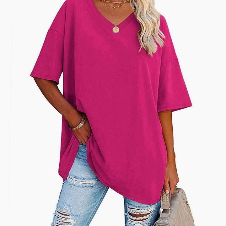 Women's Oversized V-Neck Half-Sleeve Casual T-Shirt, Hot Pink