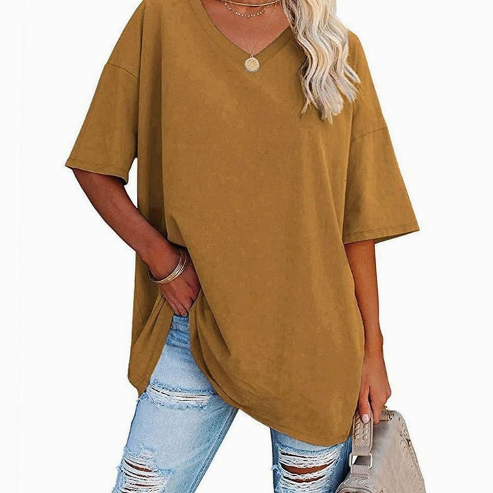 Women's Oversized V-Neck Half-Sleeve Casual T-Shirt, Hot Pink - Khaki