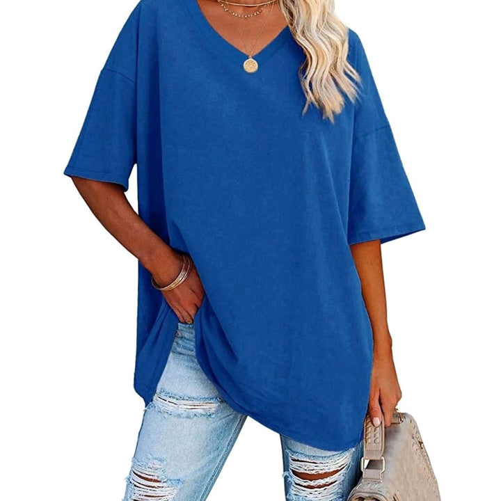 Women's Oversized V-Neck Half-Sleeve Casual T-Shirt, Hot Pink - Royal Blue