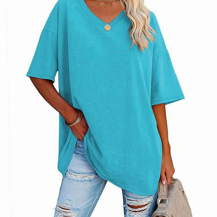 Women's Oversized V-Neck Half-Sleeve Casual T-Shirt, Hot Pink - Blue