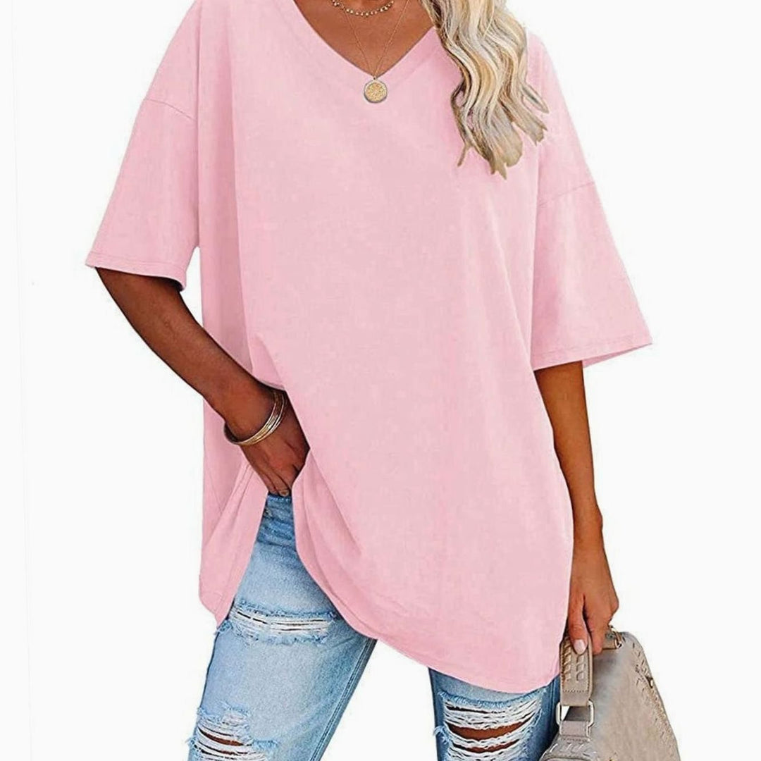 Women's Oversized V-Neck Half-Sleeve Casual T-Shirt, Hot Pink - Pink