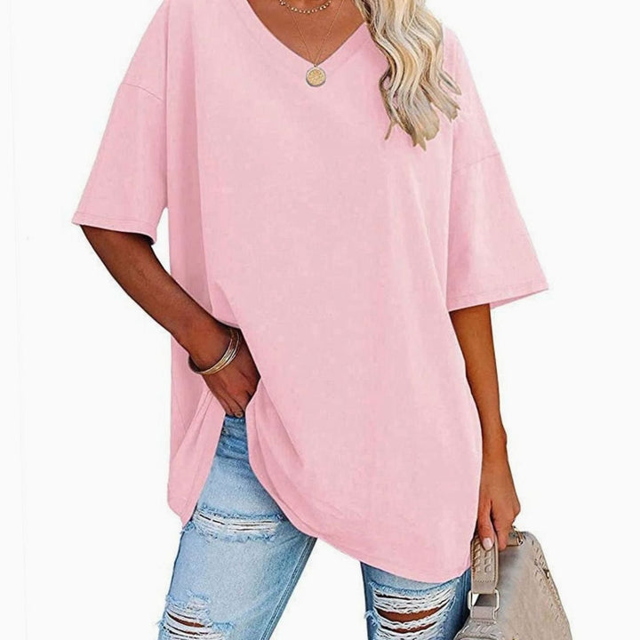 Women's Oversized V-Neck Half-Sleeve Casual T-Shirt, Hot Pink - Pink