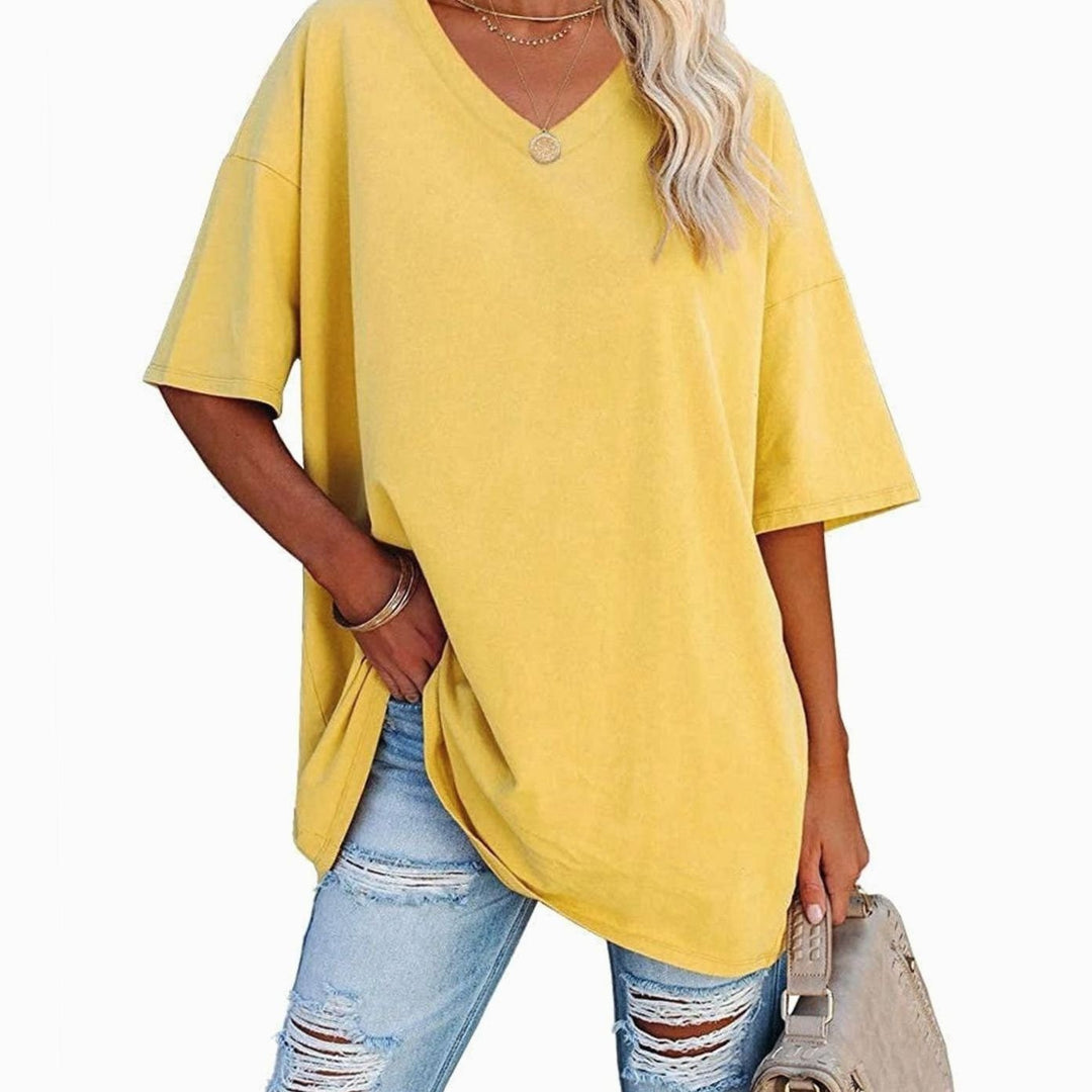 Women's Oversized V-Neck Half-Sleeve Casual T-Shirt, Hot Pink - Yellow