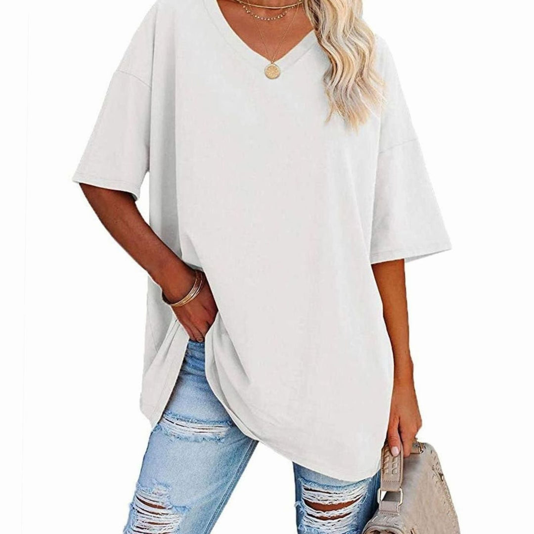 Women's Oversized V-Neck Half-Sleeve Casual T-Shirt, Hot Pink - White