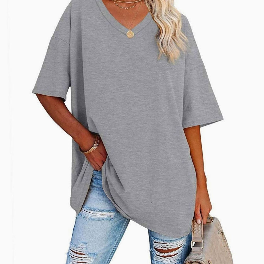 Women's Oversized V-Neck Half-Sleeve Casual T-Shirt, Hot Pink - Light Grey