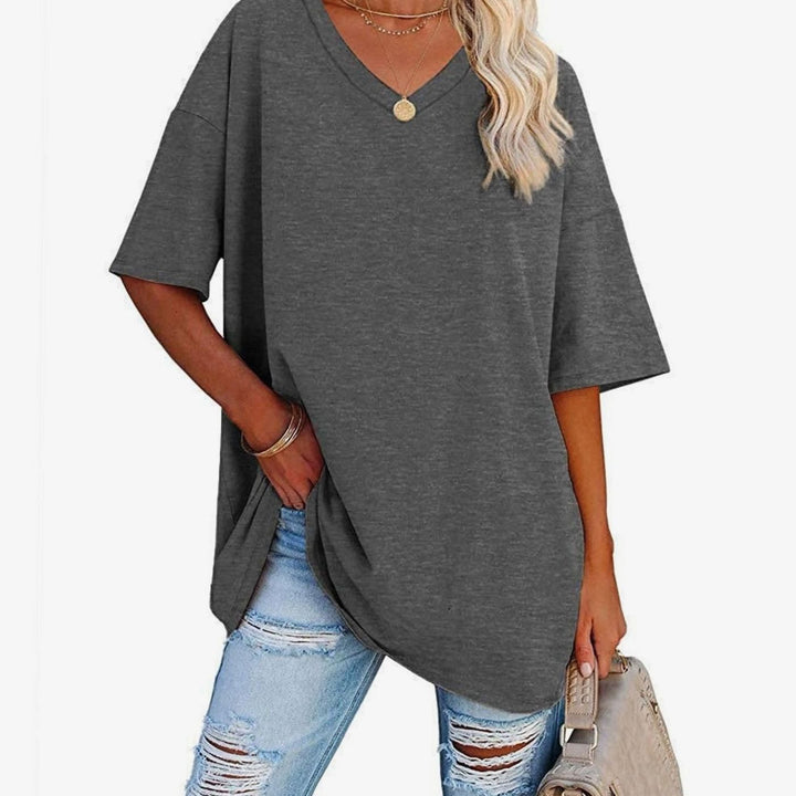 Women's Oversized V-Neck Half-Sleeve Casual T-Shirt, Hot Pink - Dark Grey
