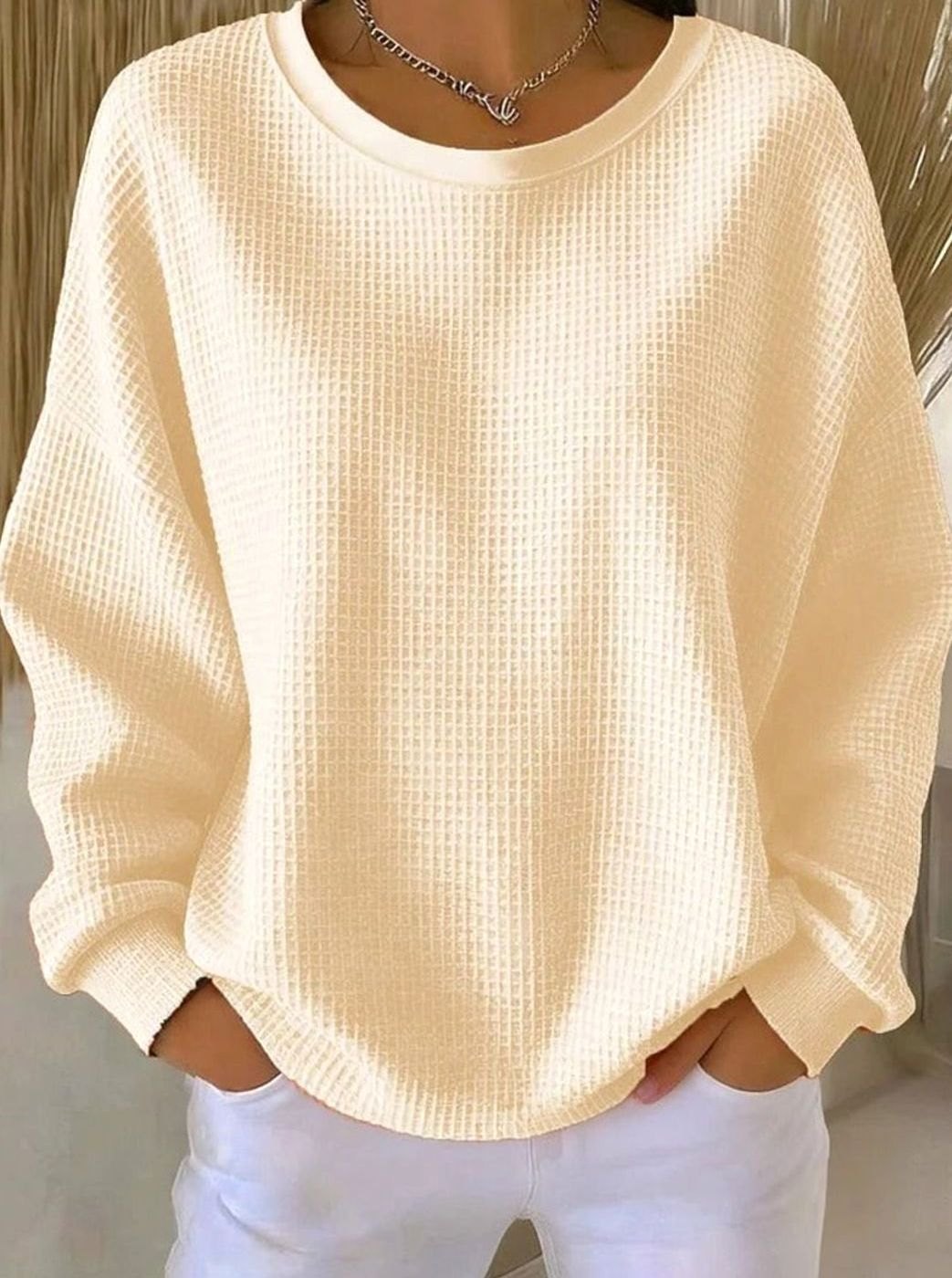 Women's Oversized Waffle-Knit Crew Neck Long-Sleeve Jumper