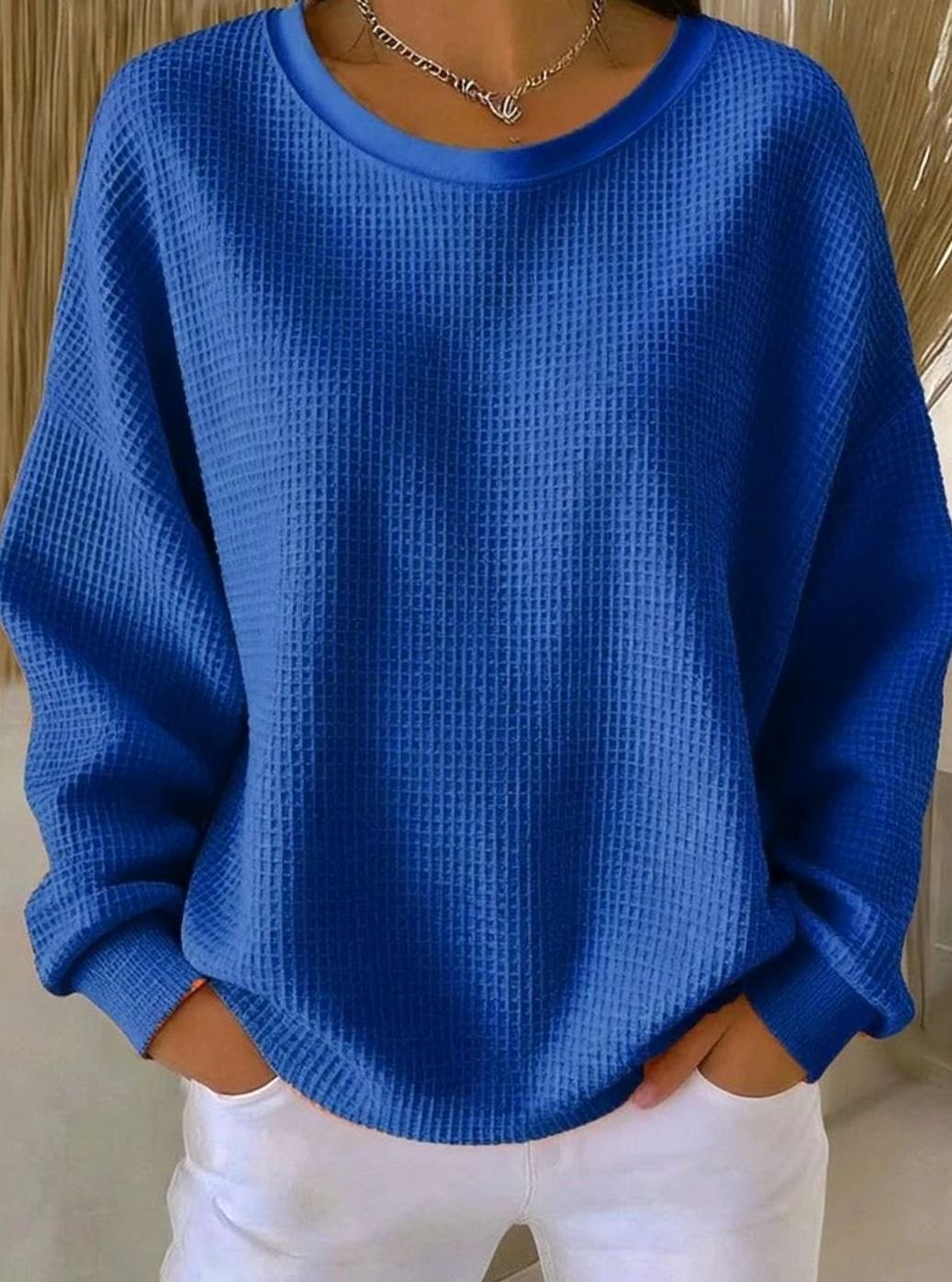 Women's Oversized Waffle-Knit Crew Neck Long-Sleeve Jumper