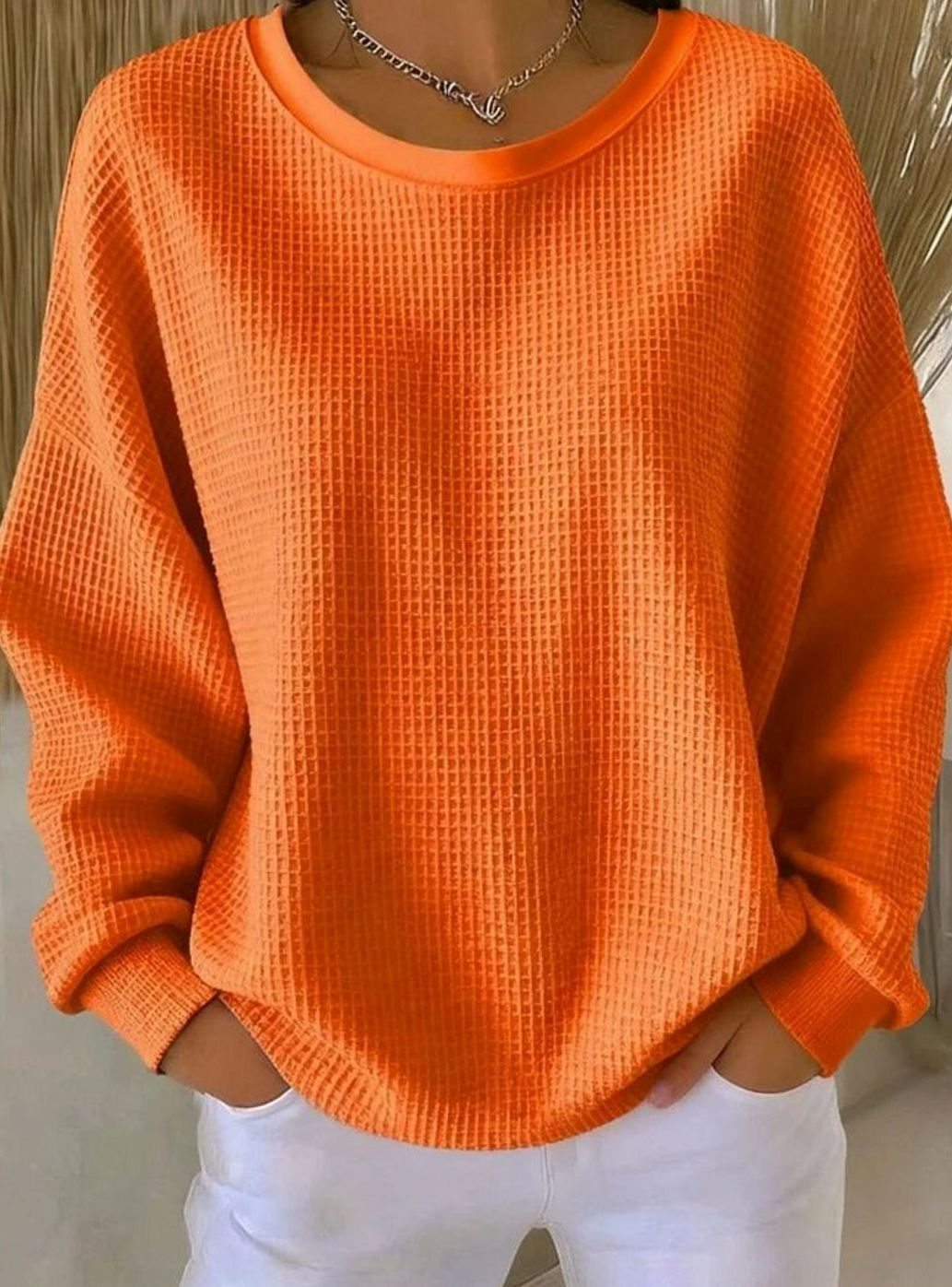 Women's Oversized Waffle-Knit Crew Neck Long-Sleeve Jumper