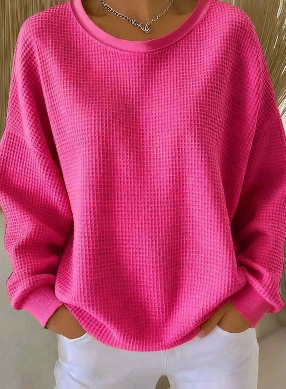Women's Oversized Waffle-Knit Crew Neck Long-Sleeve Jumper