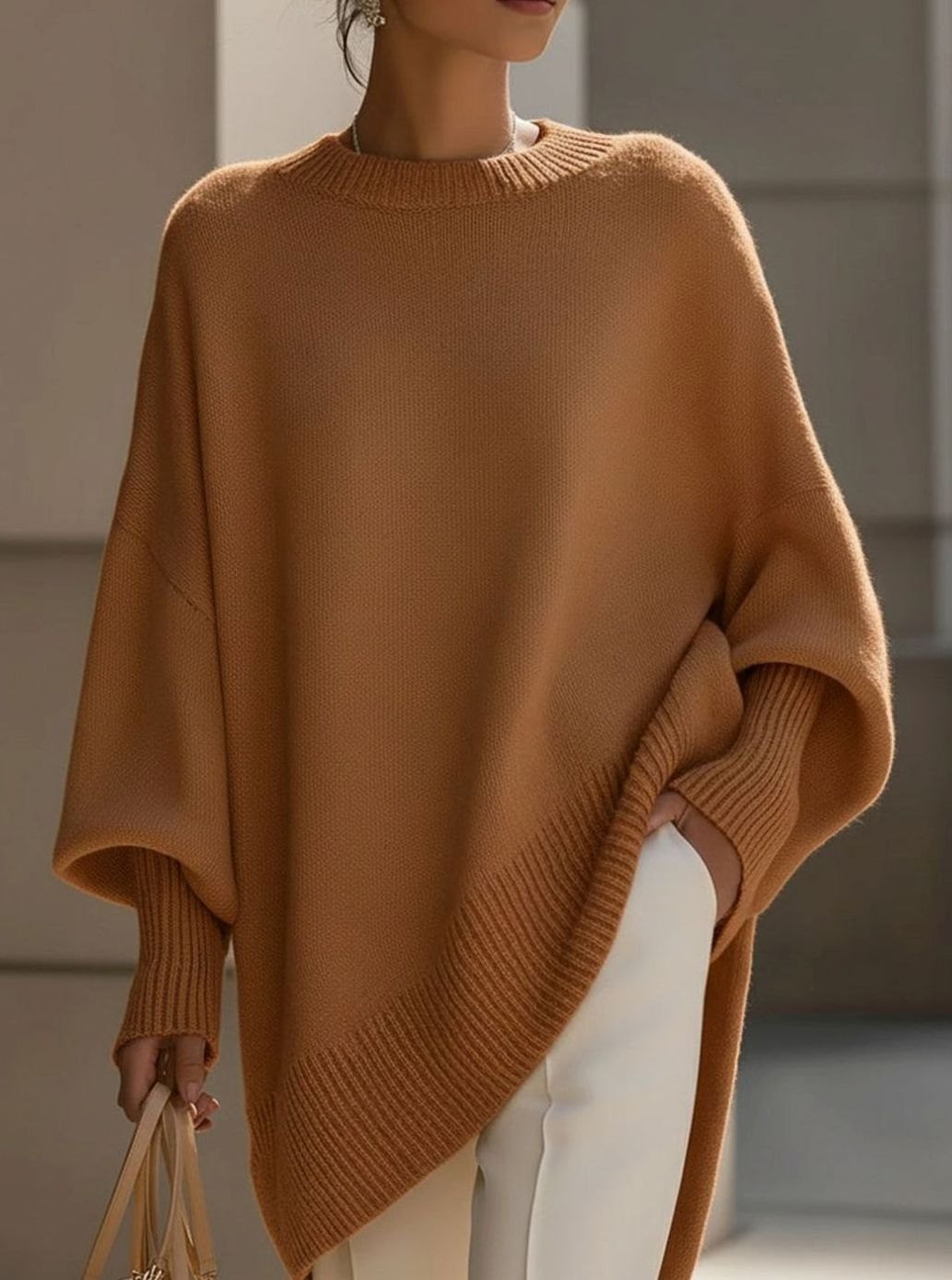 Women's Oversized Wool Blend Asymmetric Hem Knit Jumper - Brown