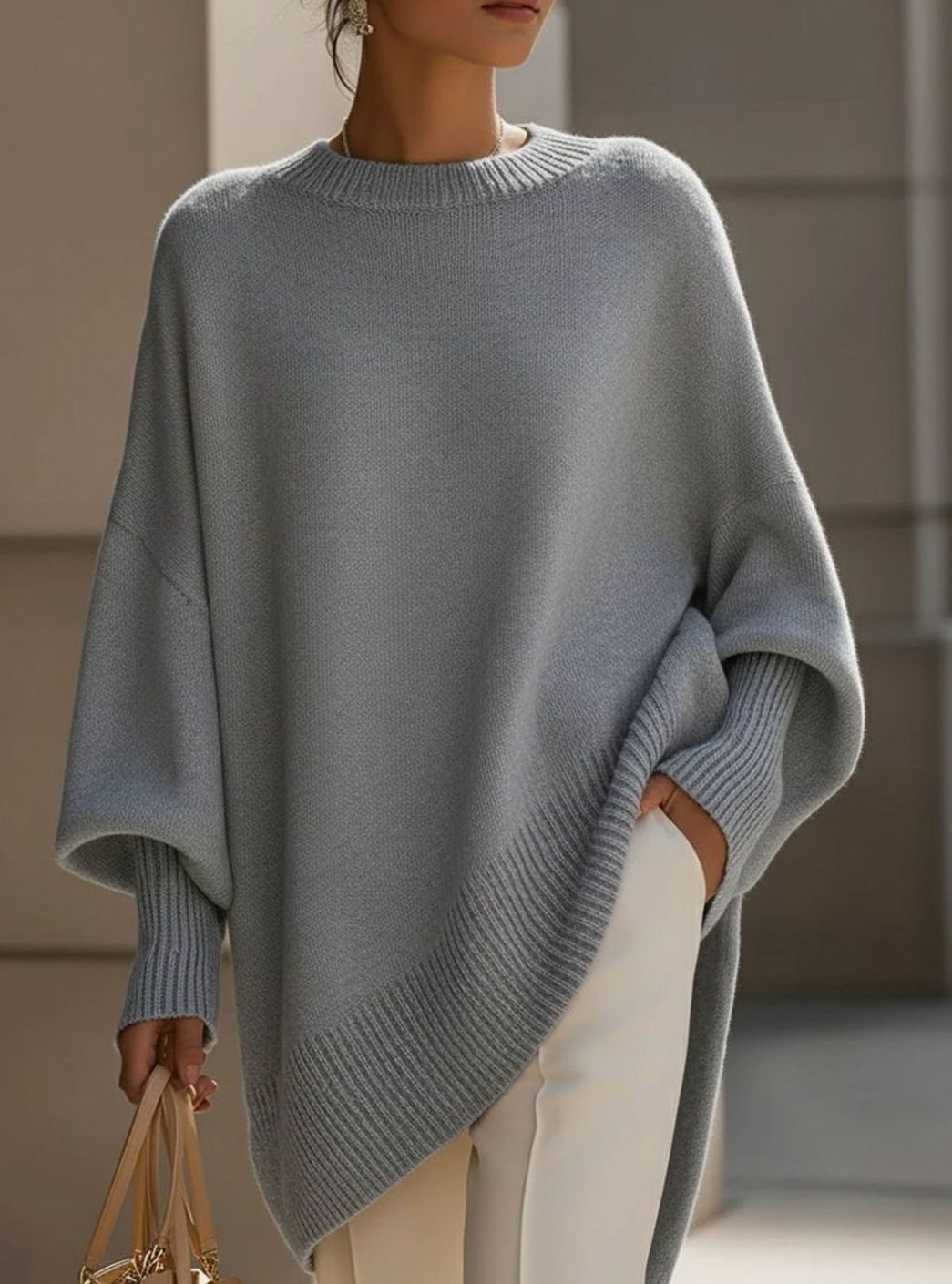 Women's Oversized Wool Blend Asymmetric Hem Knit Jumper - Grey