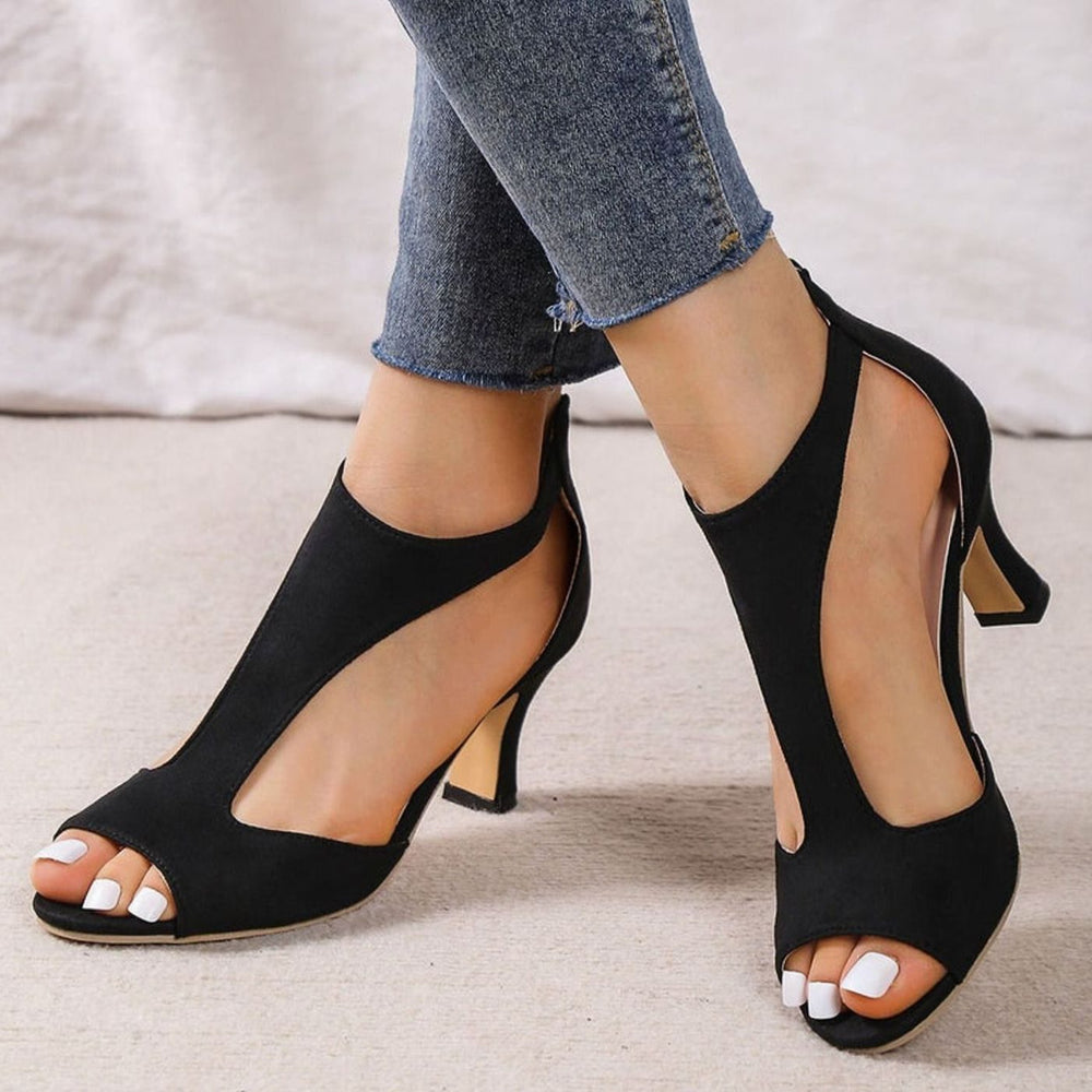 Women's Peep-Toe Cut-Out Block Heel Sandals - Black