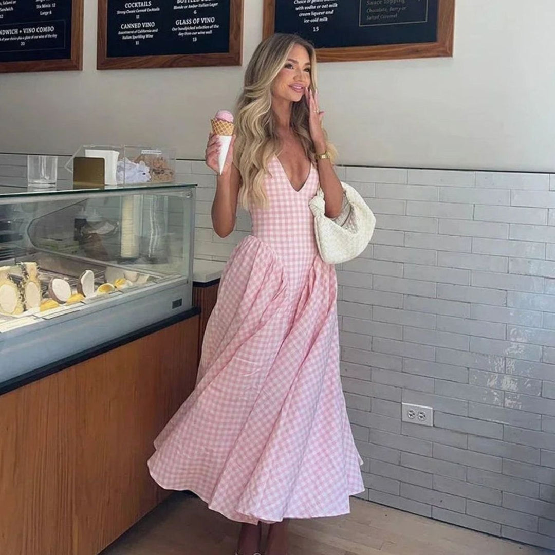 Women's Pink Gingham V-Neck Midi Swing Dress Everyday