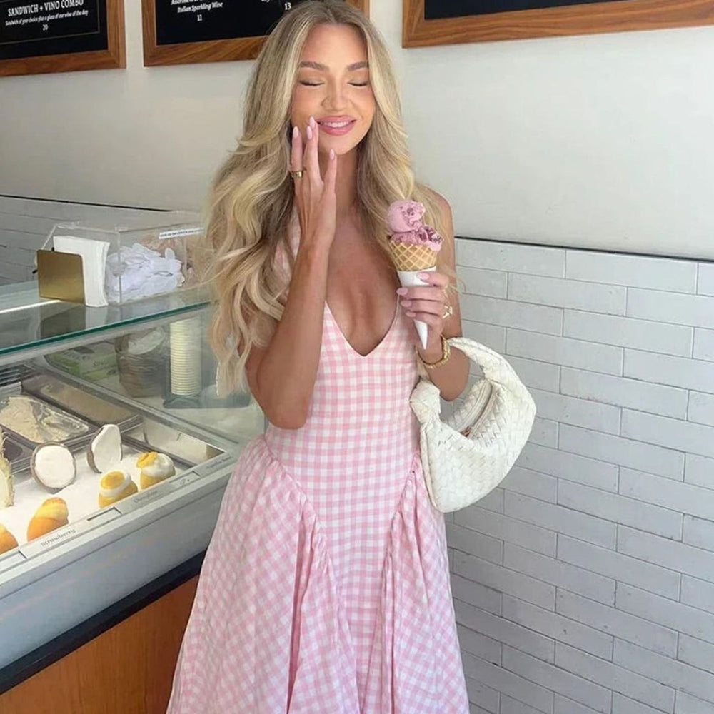 Women's Pink Gingham V-Neck Midi Swing Dress Everyday