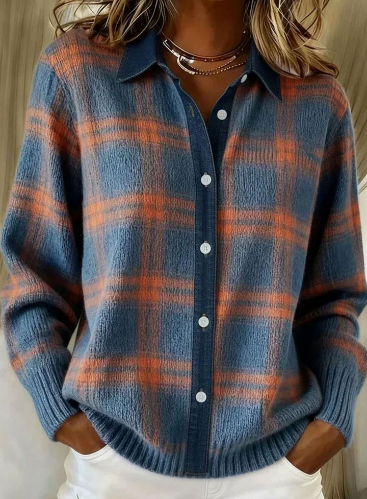 Women's Plaid Button-Front Knit Cardigan Shacket - Blue and Orange