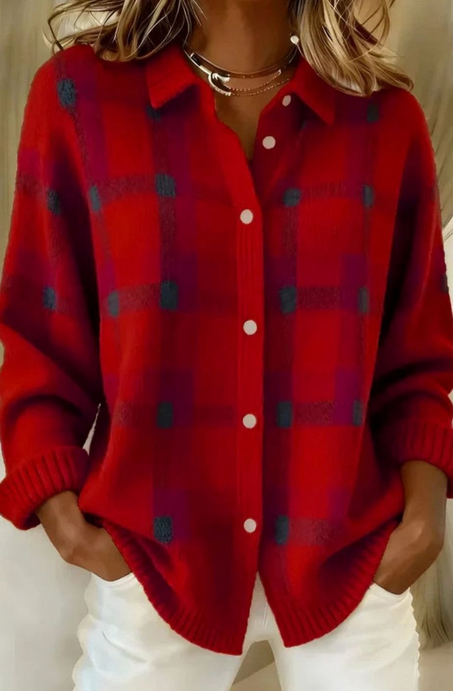 Women's Plaid Button-Front Knit Cardigan Shacket - Red