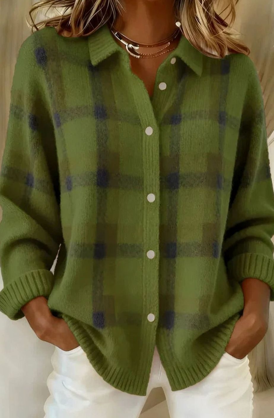 Women's Plaid Button-Front Knit Cardigan Shacket - Green