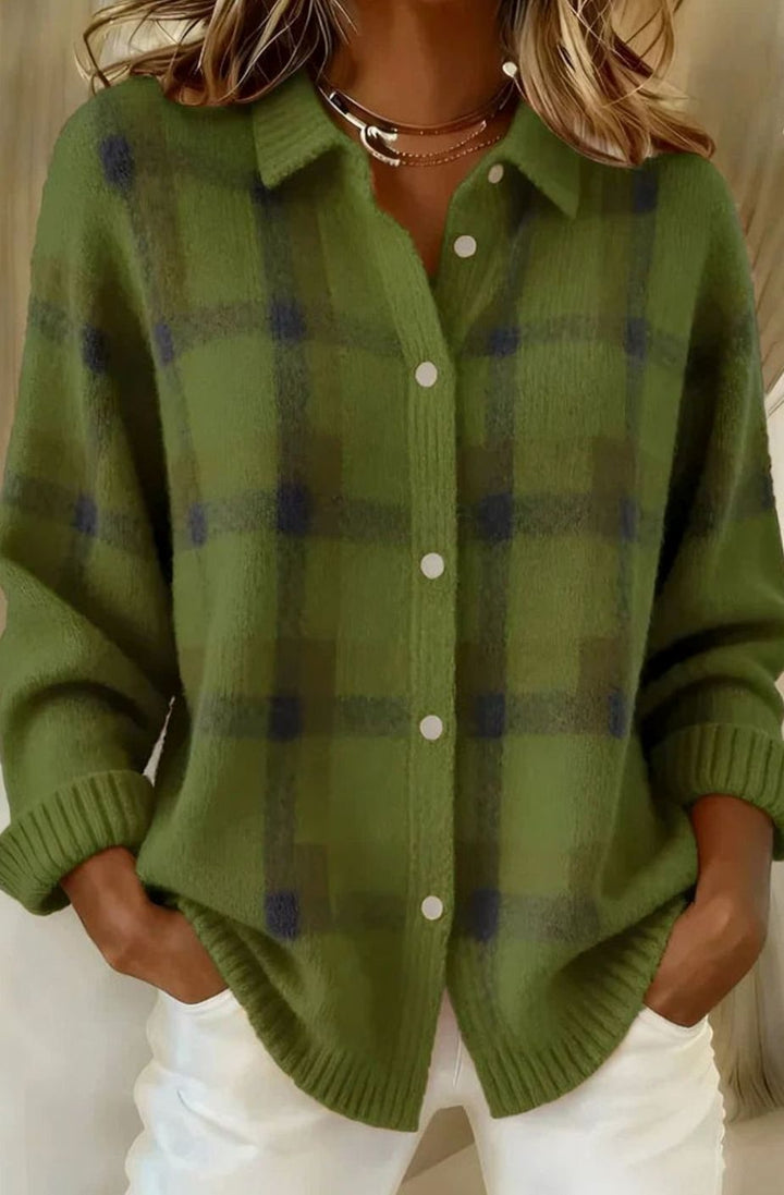 Women's Plaid Button-Front Knit Cardigan Shacket - Green