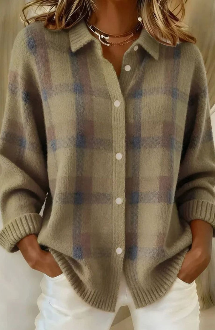 Women's Plaid Button-Front Knit Cardigan Shacket - Brown