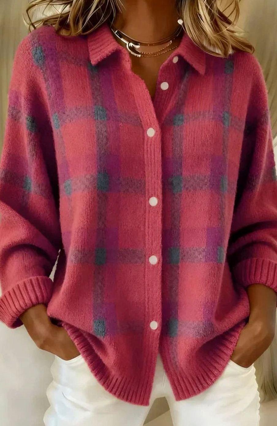 Women's Plaid Button-Front Knit Cardigan Shacket - Pink