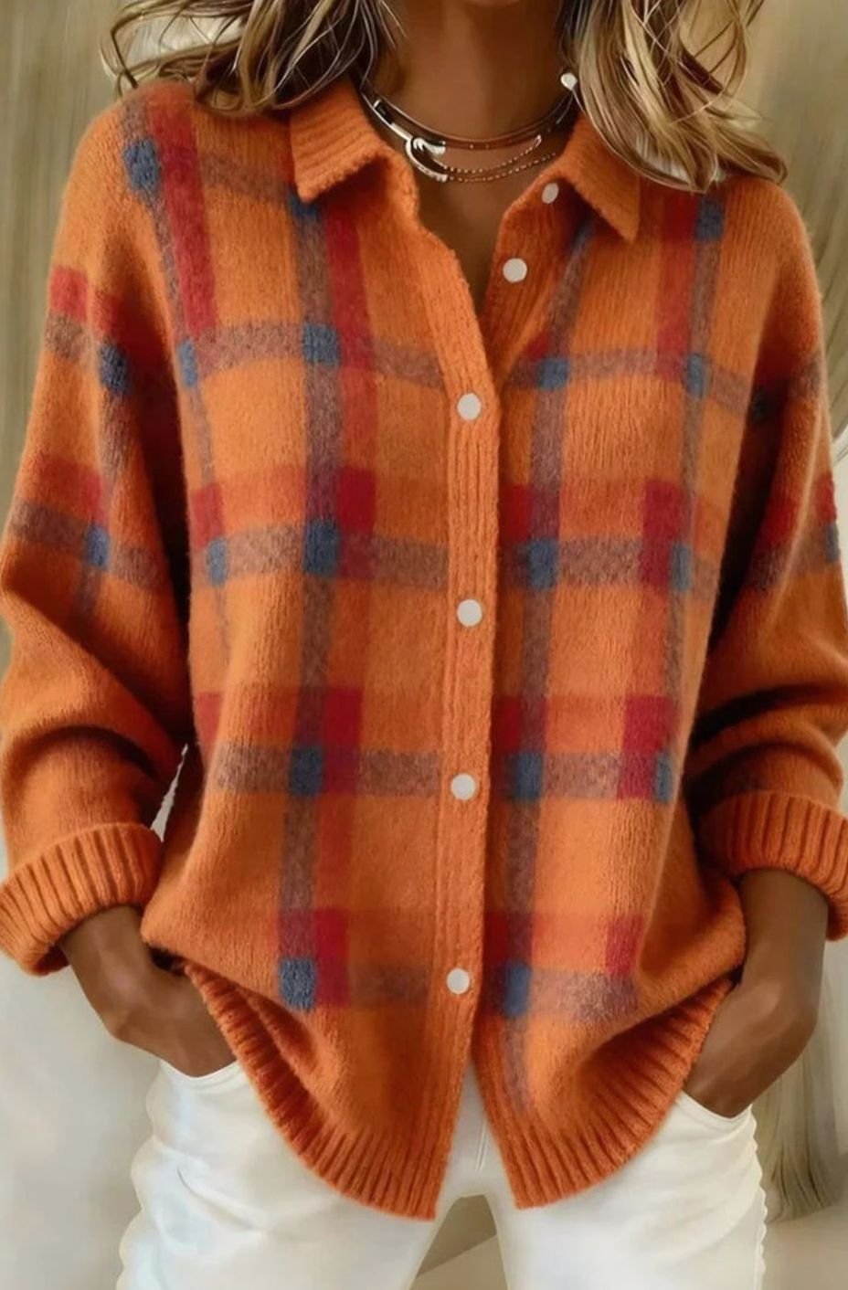 Women's Plaid Button-Front Knit Cardigan Shacket - Orange