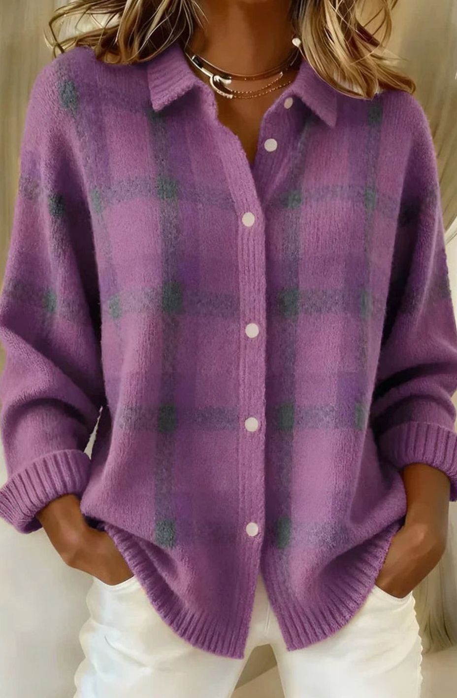 Women's Plaid Button-Front Knit Cardigan Shacket - Purple