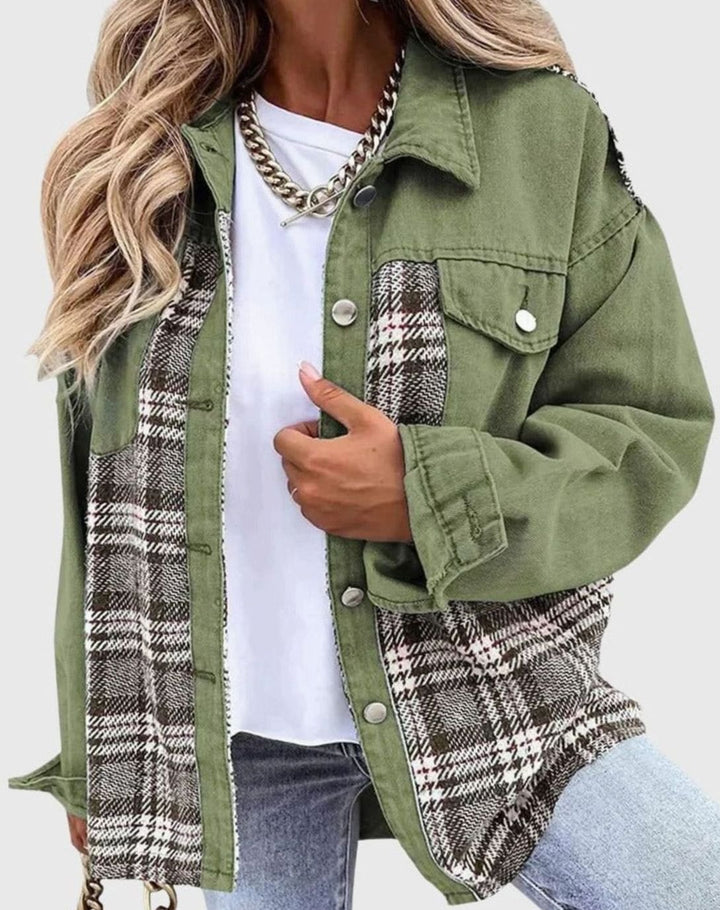Women's Plaid Panel Oversized Button-Up Denim Jacket - Green