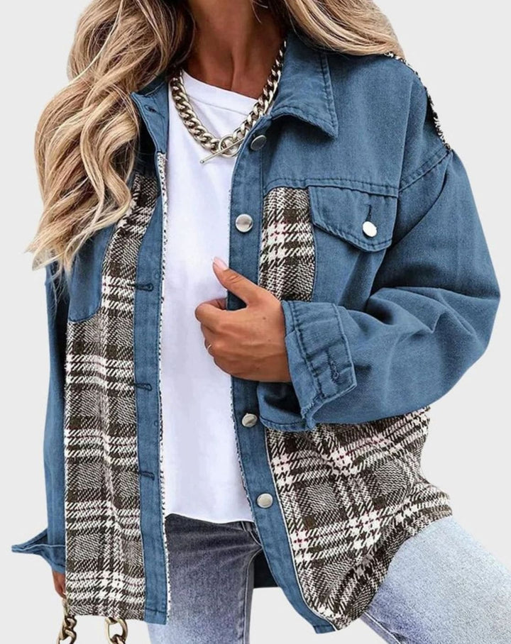 Women's Plaid Panel Oversized Button-Up Denim Jacket - Blue