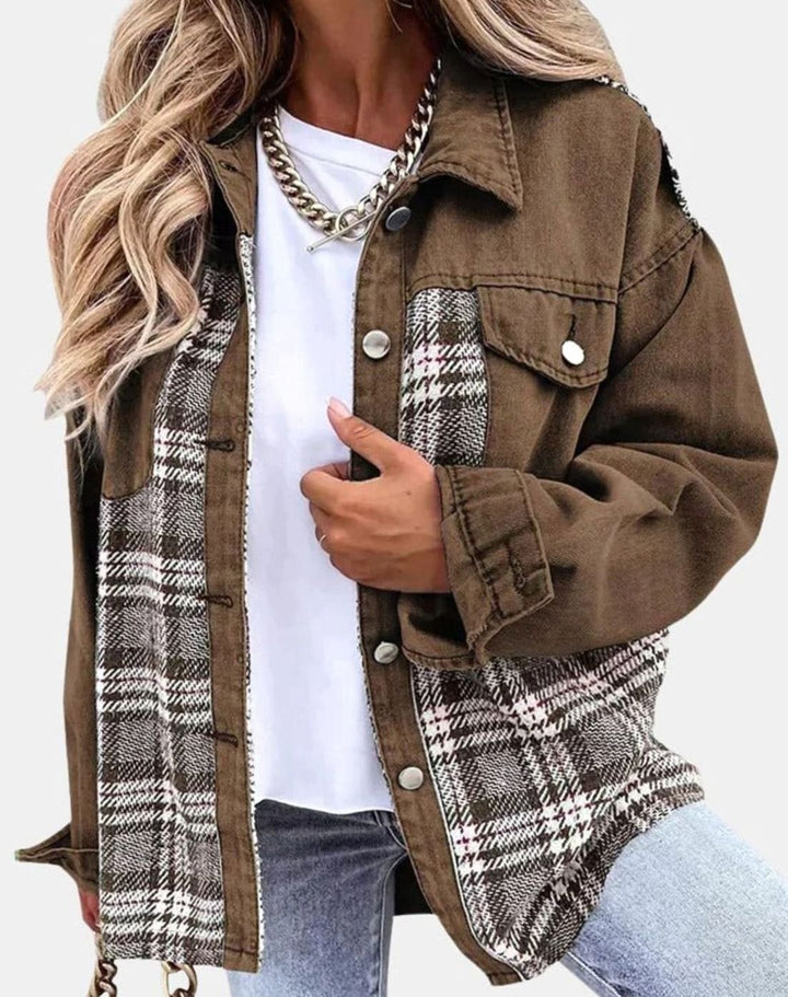 Women's Plaid Panel Oversized Button-Up Denim Jacket - Brown