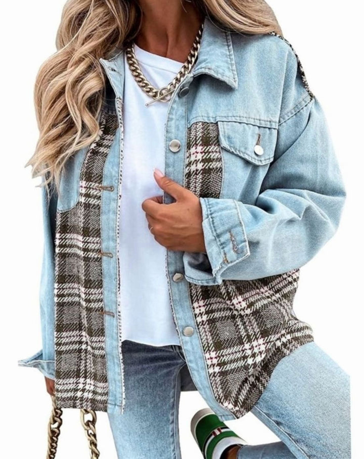 Women's Plaid Panel Oversized Button-Up Denim Jacket - Sky Blue