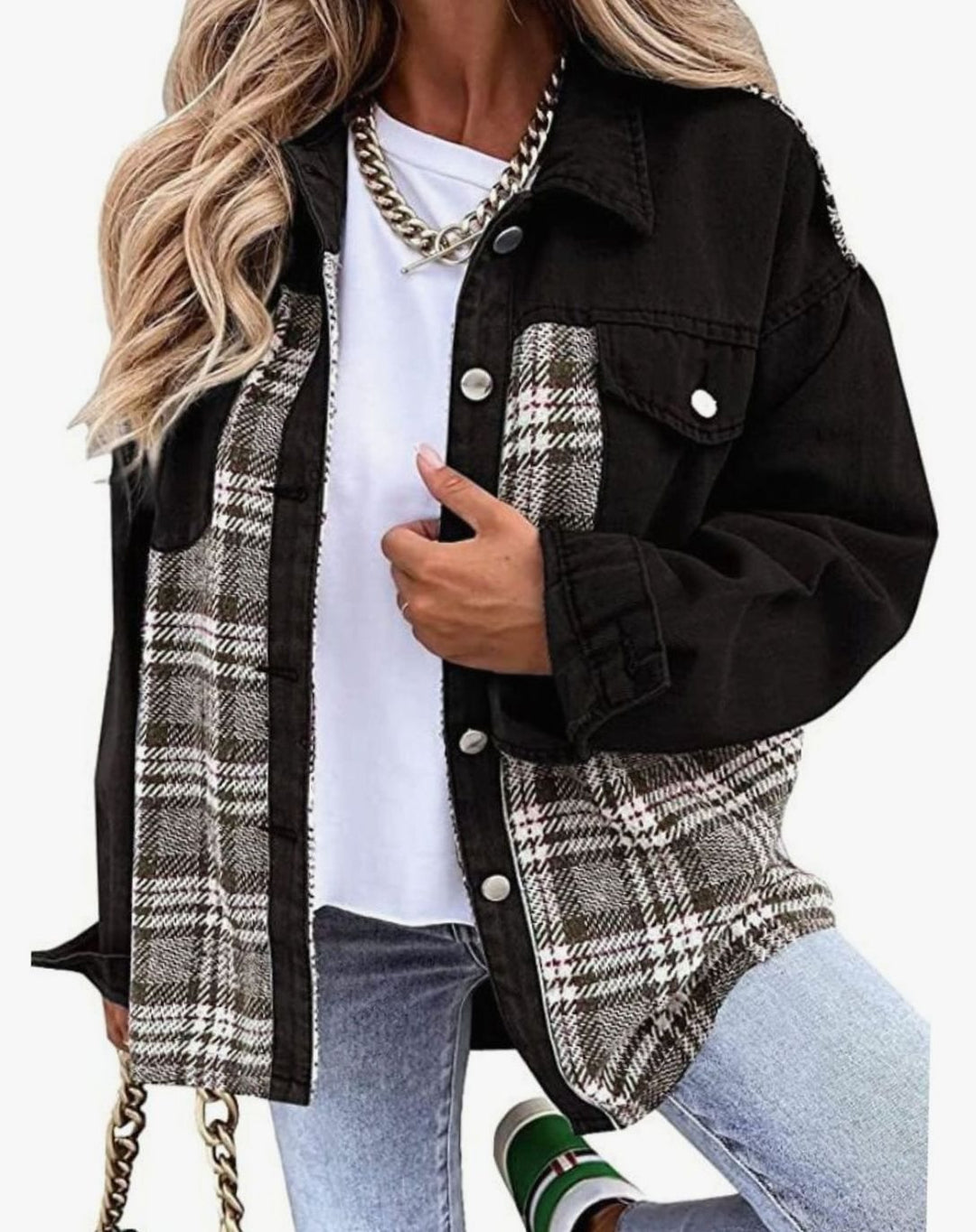 Women's Plaid Panel Oversized Button-Up Denim Jacket - Black
