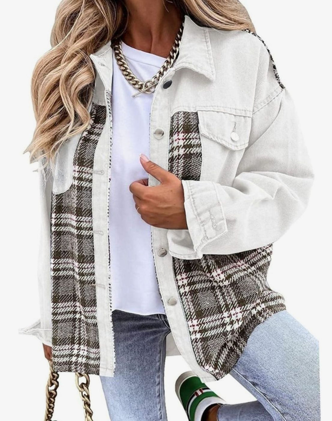 Women's Plaid Panel Oversized Button-Up Denim Jacket - White