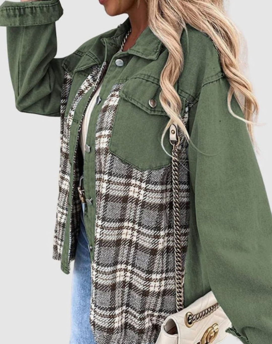 Women's Plaid Panel Oversized Button-Up Denim Jacket