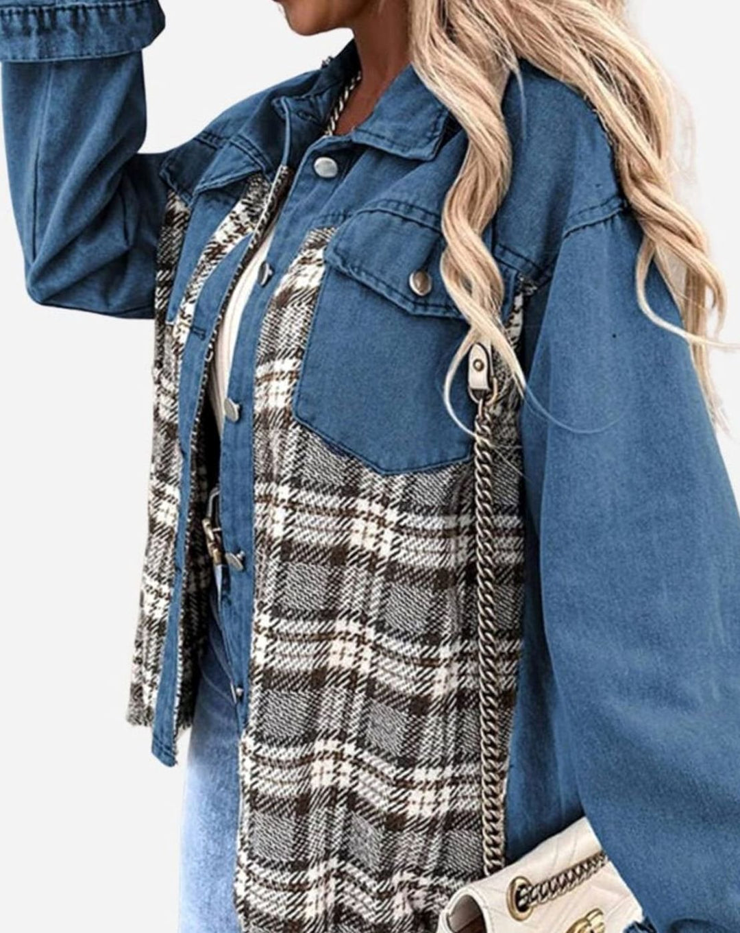 Women's Plaid Panel Oversized Button-Up Denim Jacket