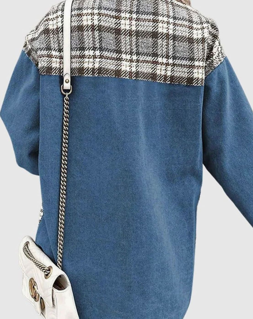 Women's Plaid Panel Oversized Button-Up Denim Jacket