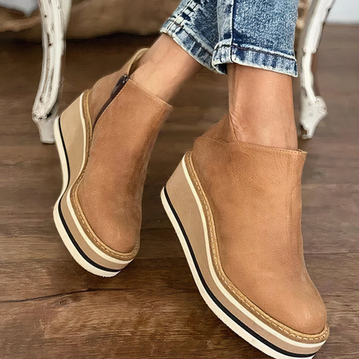 Women's Platform Ankle Boots Side-Zip Flatform Booties - Beige