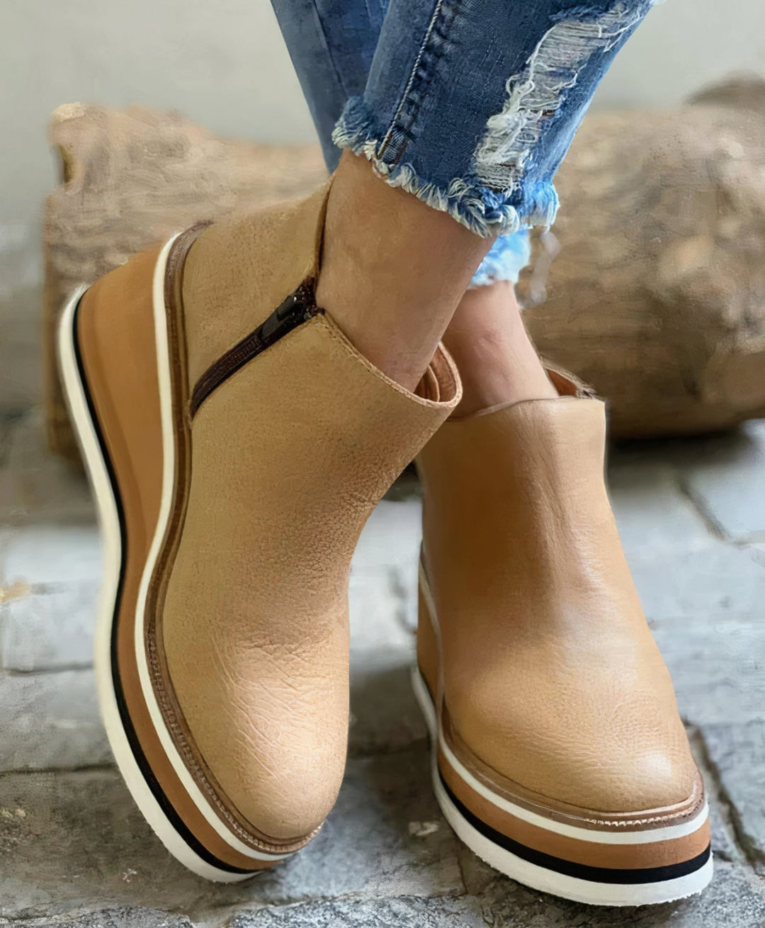Women's Platform Ankle Boots Side-Zip Flatform Booties - Khaki