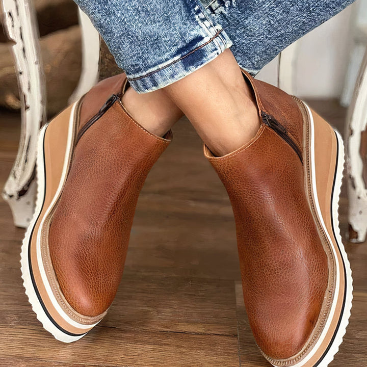 Women's Platform Ankle Boots Side-Zip Flatform Booties - Dark Brown