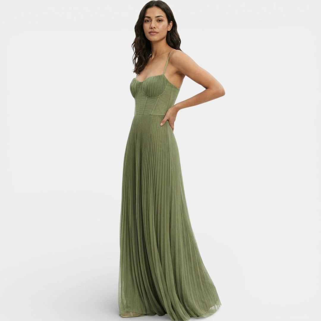 Women's Pleated Corset Bodice Formal Maxi Gown, Olive Green
