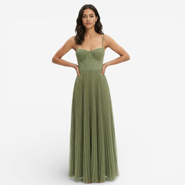 Women's Pleated Corset Bodice Formal Maxi Gown, Olive Green