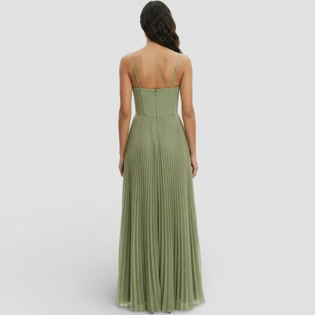 Women's Pleated Corset Bodice Formal Maxi Gown, Olive Green