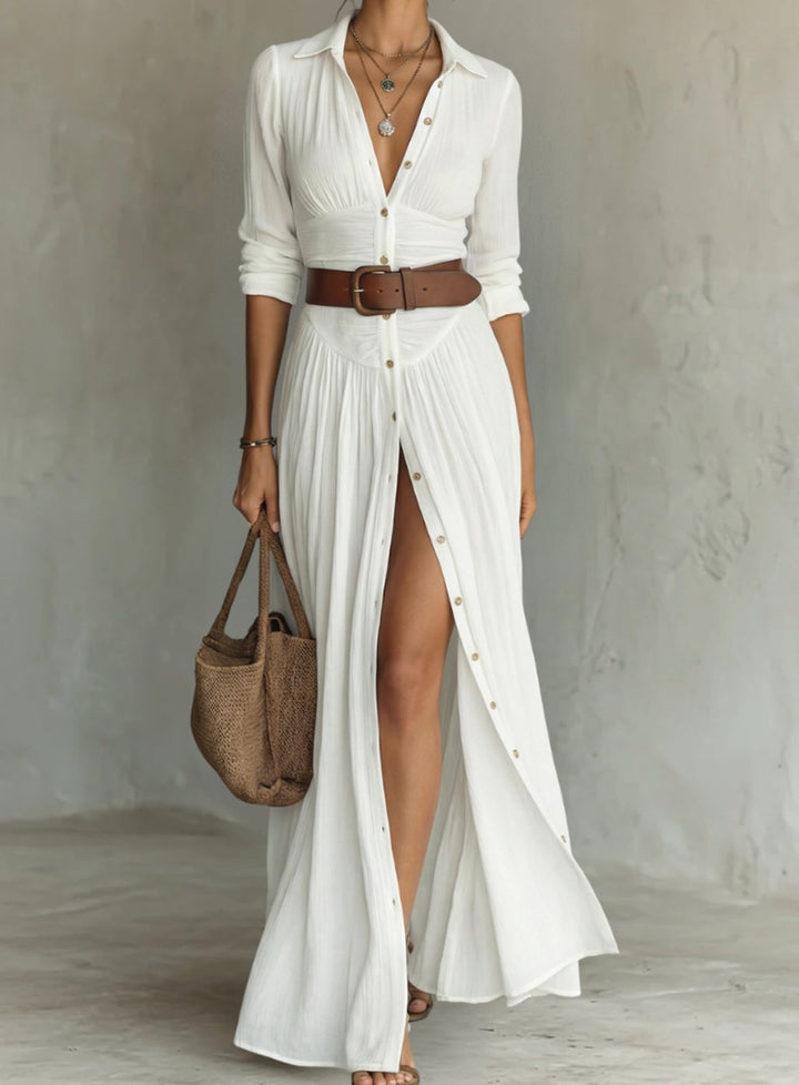 Women's Pleated Maxi Shirt Dress Long Sleeve Collared Button-Down - White