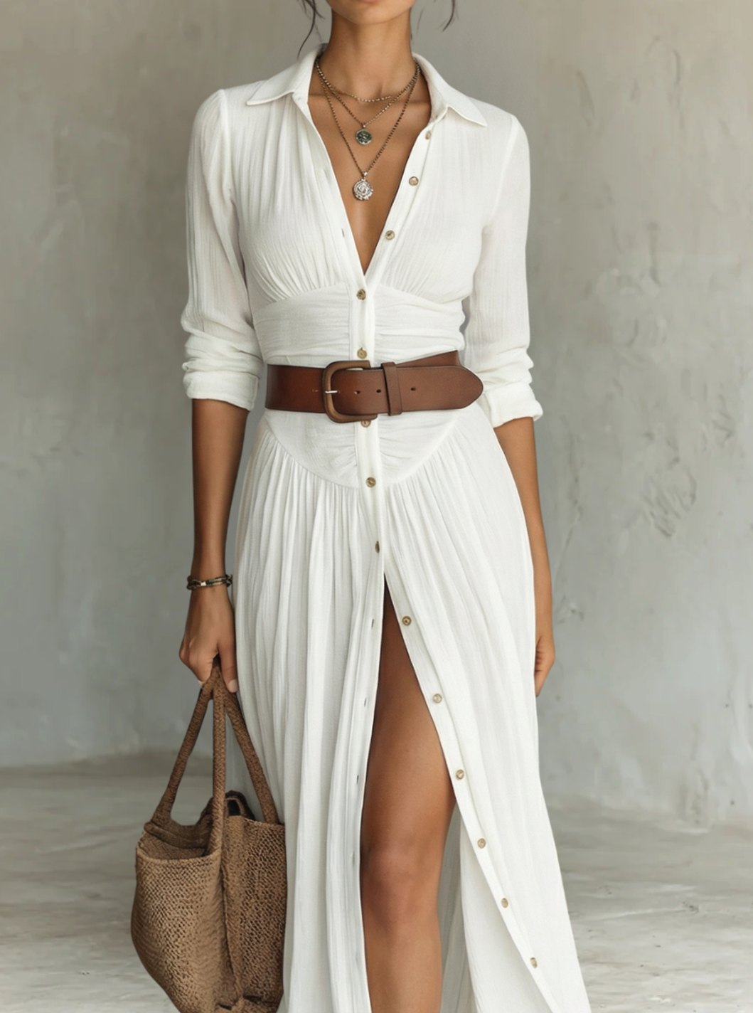 Women's Pleated Maxi Shirt Dress Long Sleeve Collared Button-Down