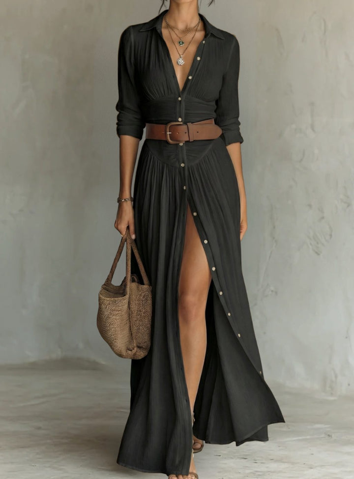 Women's Pleated Maxi Shirt Dress Long Sleeve Collared Button-Down - Black
