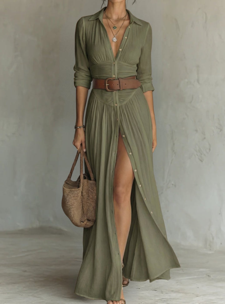 Women's Pleated Maxi Shirt Dress Long Sleeve Collared Button-Down - Green