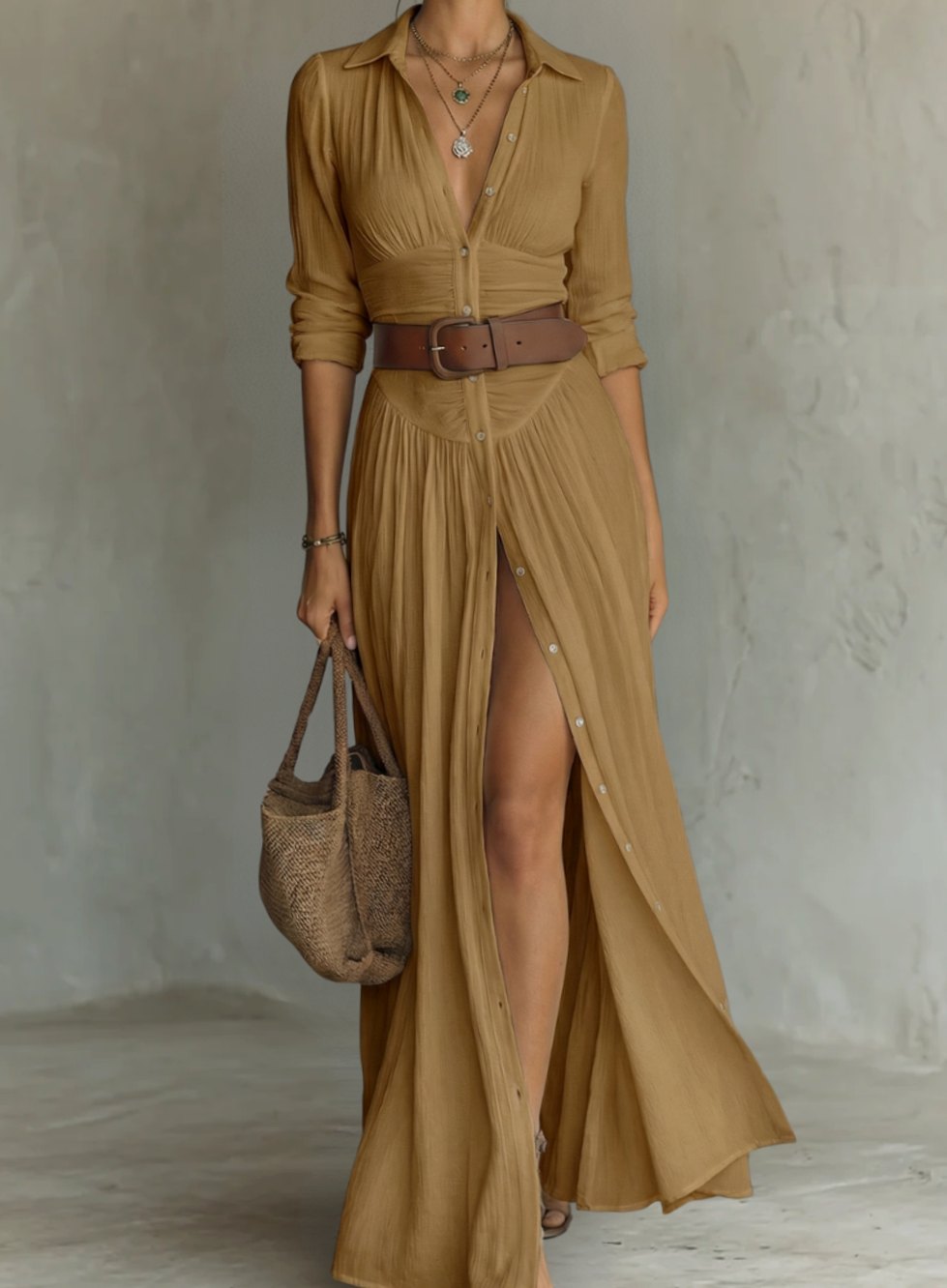 Women's Pleated Maxi Shirt Dress Long Sleeve Collared Button-Down - Brown