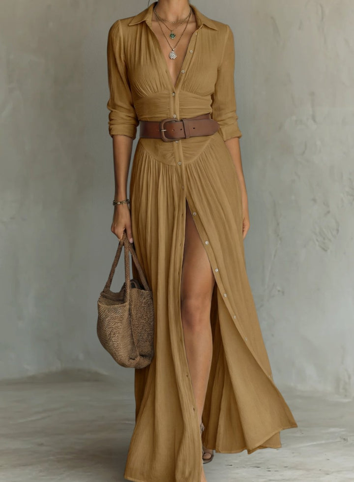 Women's Pleated Maxi Shirt Dress Long Sleeve Collared Button-Down - Brown